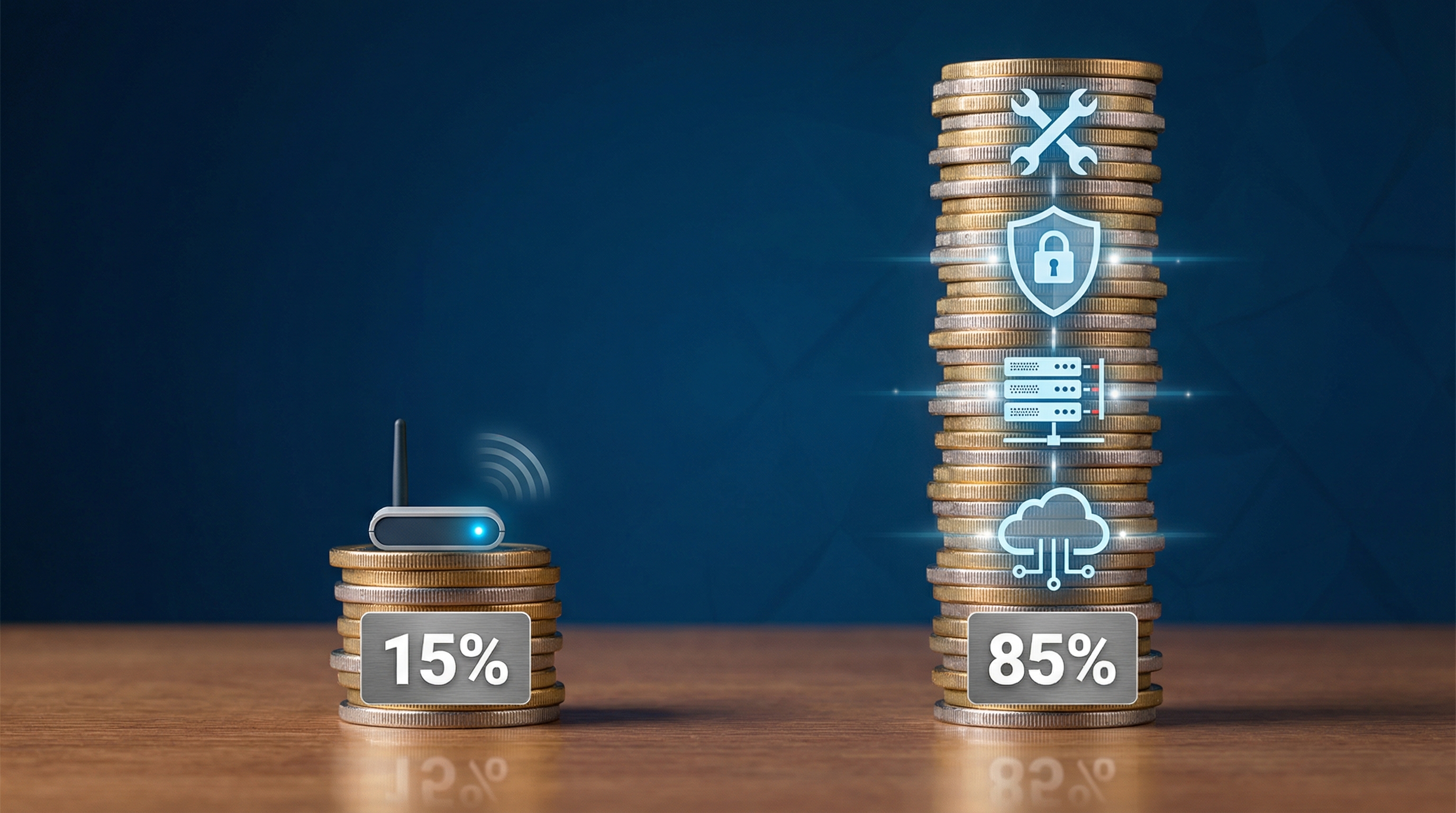 Costos visibles vs costos ocultos en proyectos IoT - 15% visible, 85% oculto