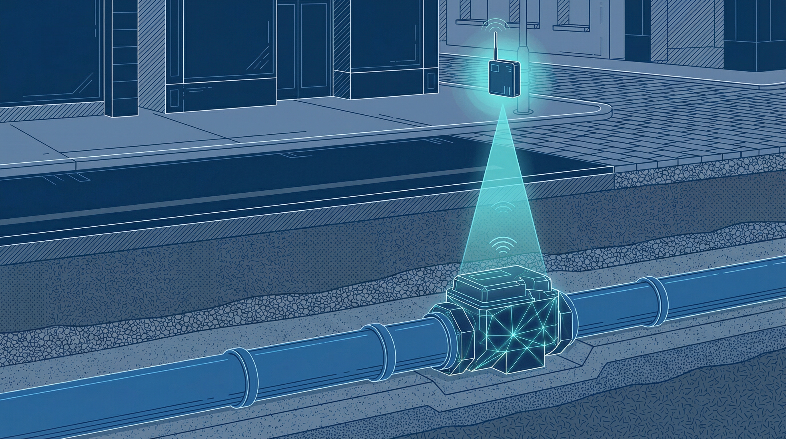 Medidor de agua inteligente transmitiendo señal IoT desde instalación subterránea