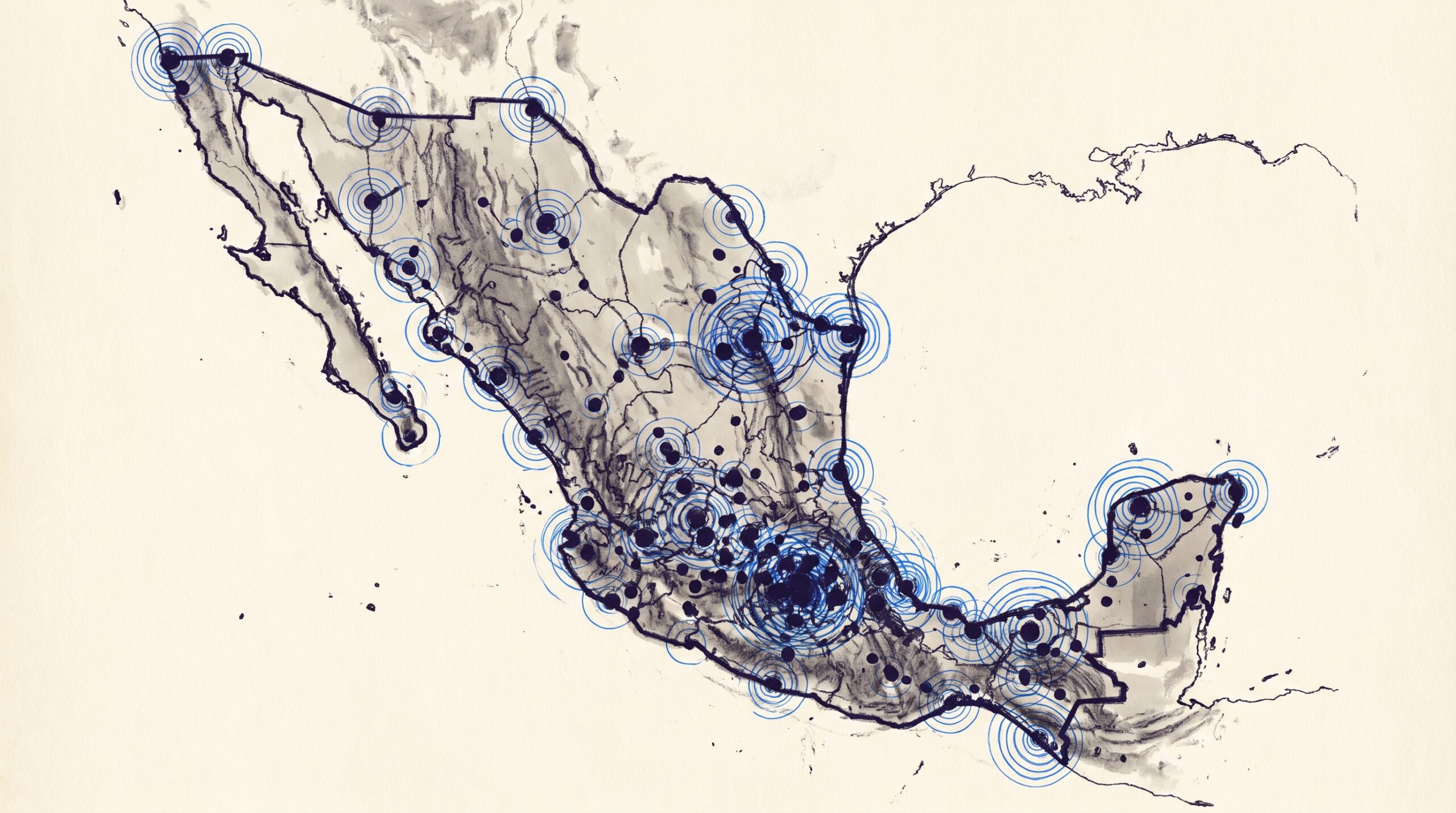 Mapa de Mexico con 1000+ base stations 0G y ondas de cobertura