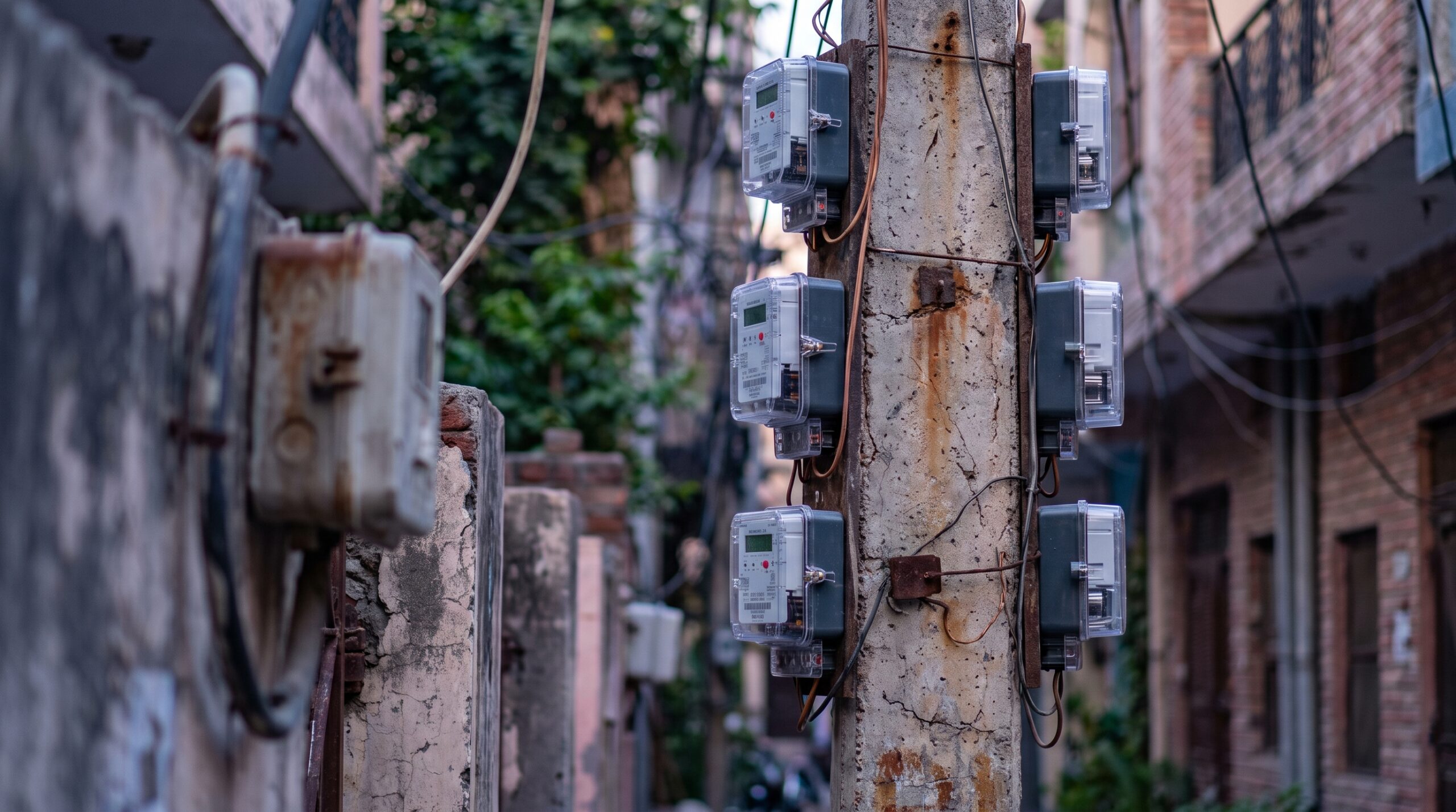 Poste con medidores inteligentes en una calle de Delhi